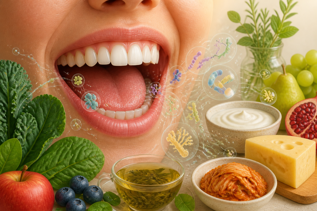 กินอะไรดีเพื่อดูแลจุลินทรีย์ในช่องปาก? จากผักใบเขียวถึงชีสและชา